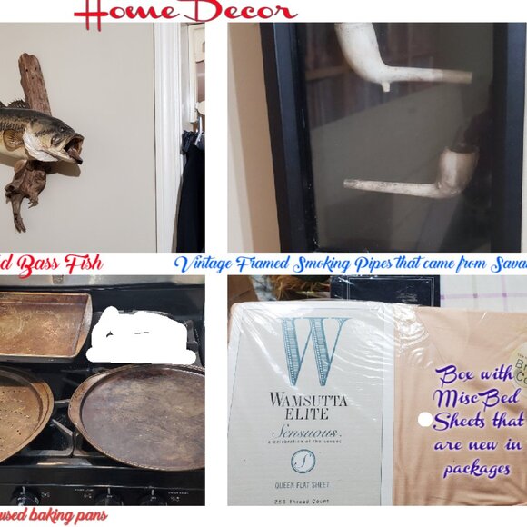 ESTATE SALE BUNDLE, FRAMED VINTAGE PIPES, PANS, Q SHEET, MOUNTED LARGE BASS FISH - Picture 1 of 7